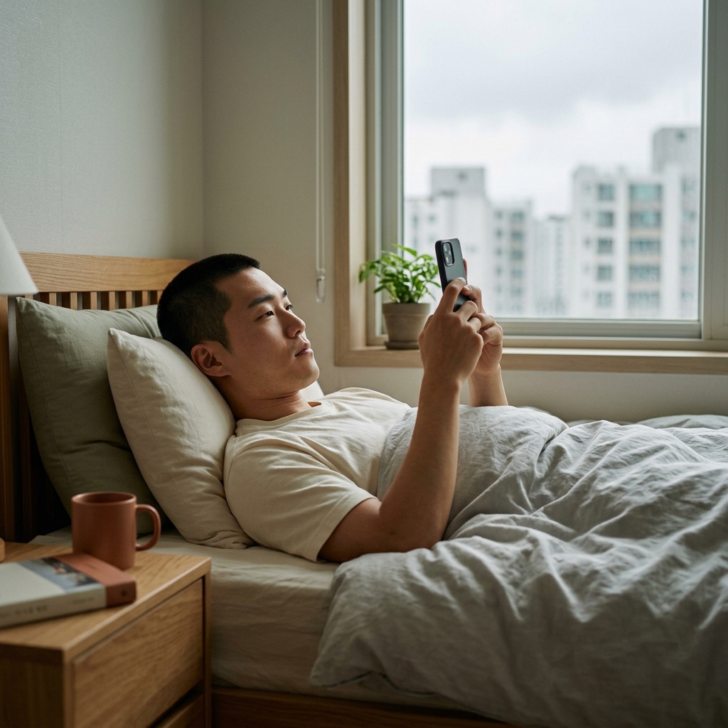 침대에 누워 스마트폰을 보며 무표정한 얼굴로 시간을 보내는 30대 직장인, 창밖은 흐린 날씨