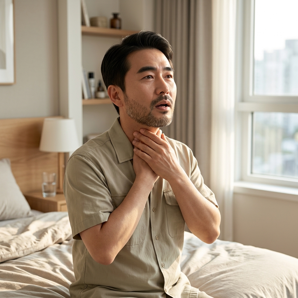 침대에서 막 일어나 목을 감싸 쥐고 목소리를 확인하는 50대 중반 남성, 얇은 반팔 셔츠 차림, 창가로 아침 햇살이 들어오는 침실