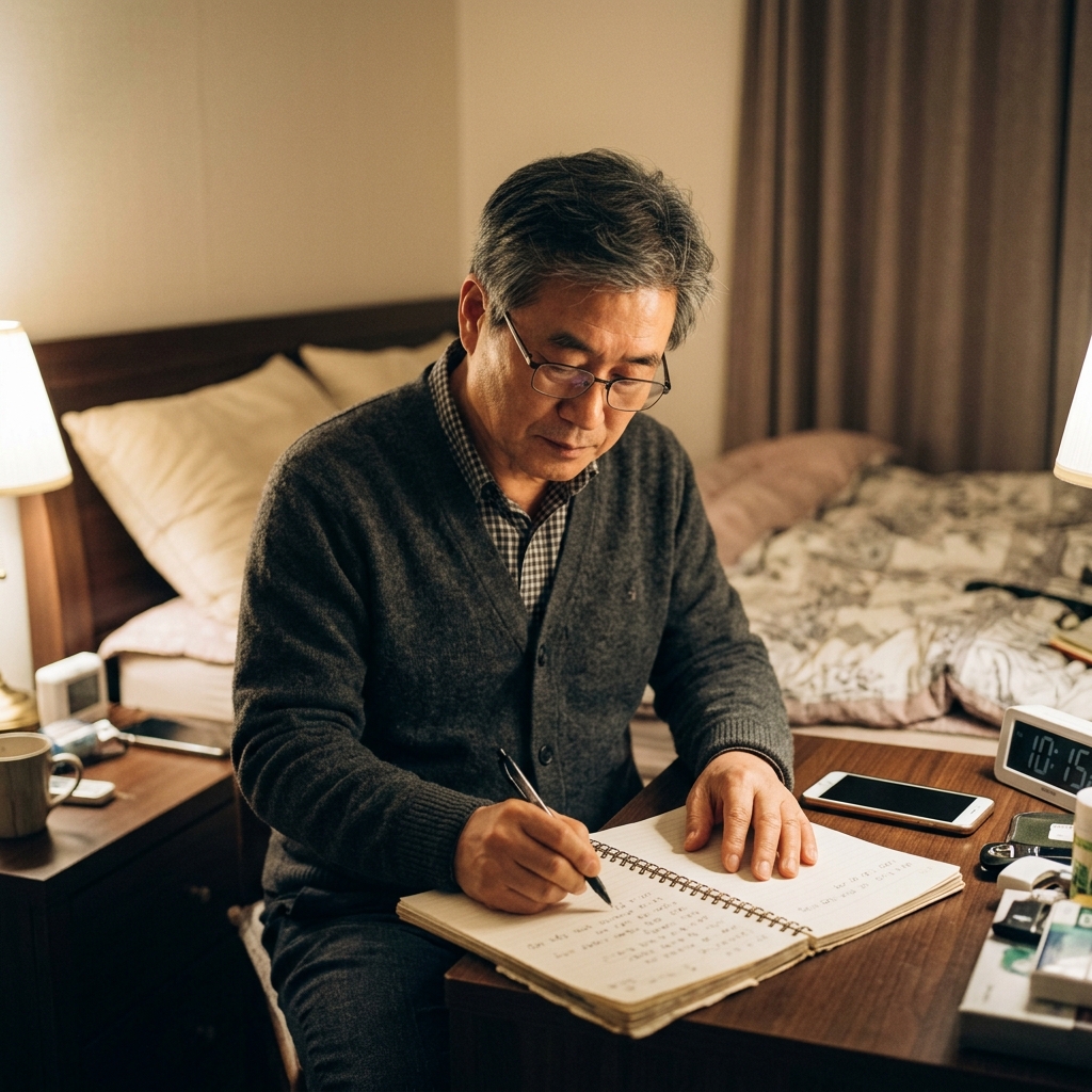 60대 남성이 침대 머리맡 탁자 위 수첩에 날짜와 시간을 적으며 증상을 기록하는 장면, 따뜻한 실내 조명