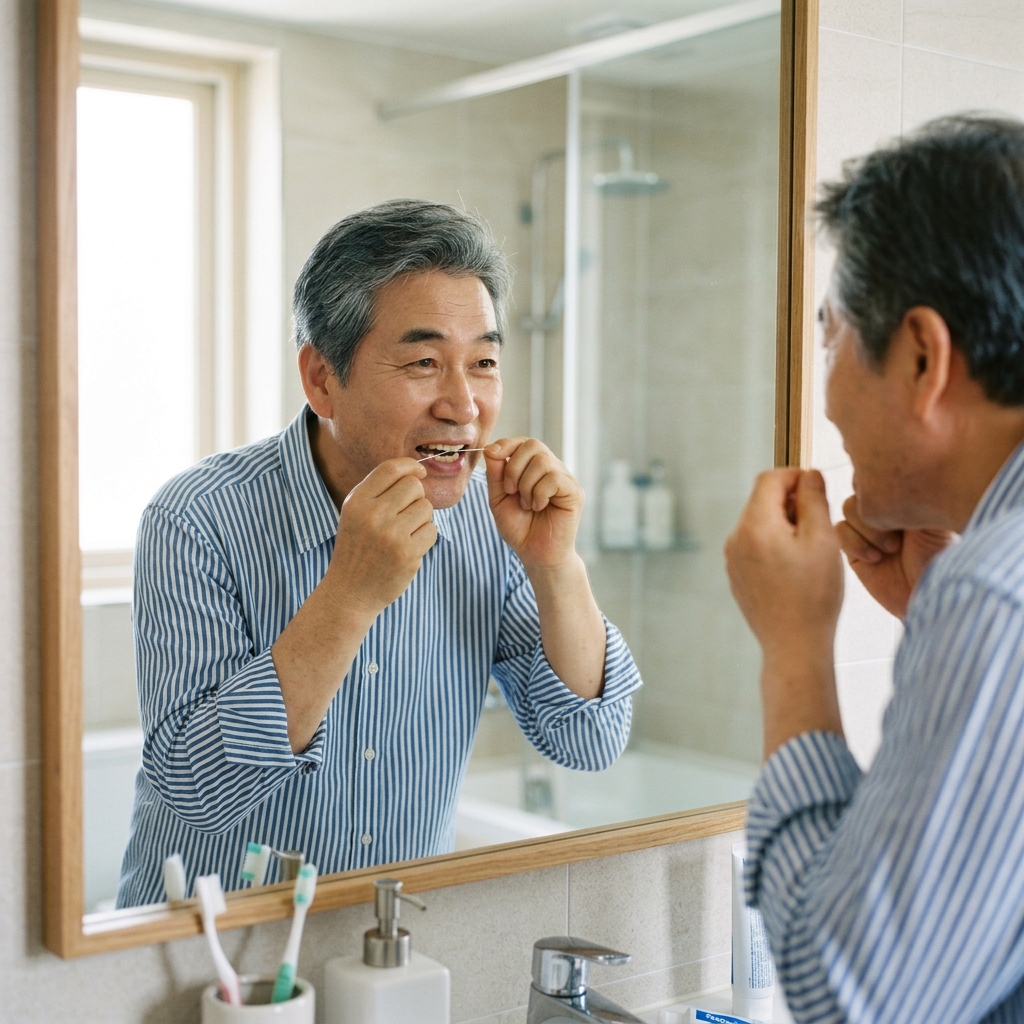 60대 후반 남성이 거울 앞에서 치실을 사용하며 잇몸 상태를 확인하는 모습, 면 셔츠 착용