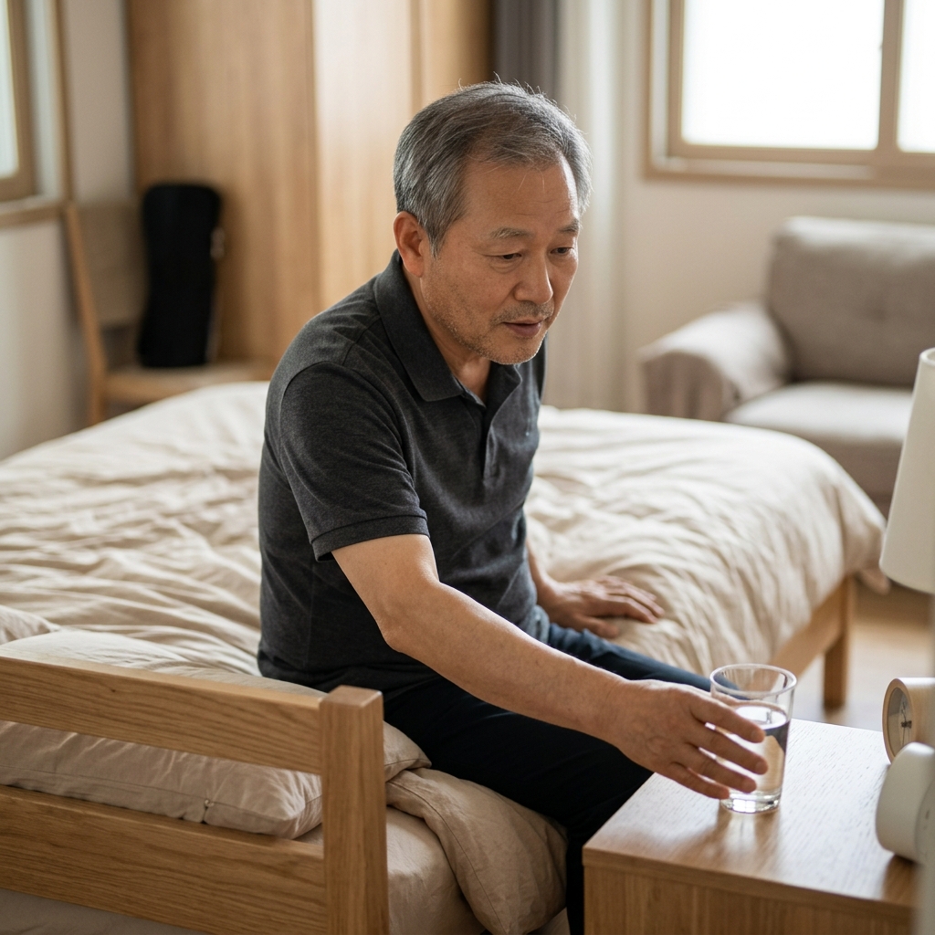 침대 가장자리에 앉아 있는 중장년 남성이 침대 옆 탁자 위 물컵을 손으로 잡고 있고 침대 난간을 다른 손으로 가볍게 짚고 있다