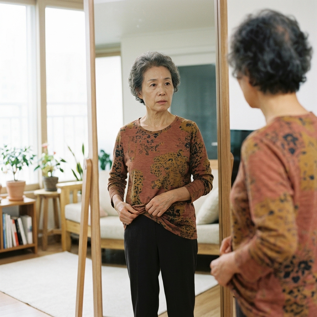70대 어르신이 거실 전신 거울 앞에서 평소 입던 긴팔 셔츠를 입고 허리 부분이 헐거워진 것을 손으로 잡아당기며 확인하는 모습, 배경은 은은한 자연광이 들어오는 실내