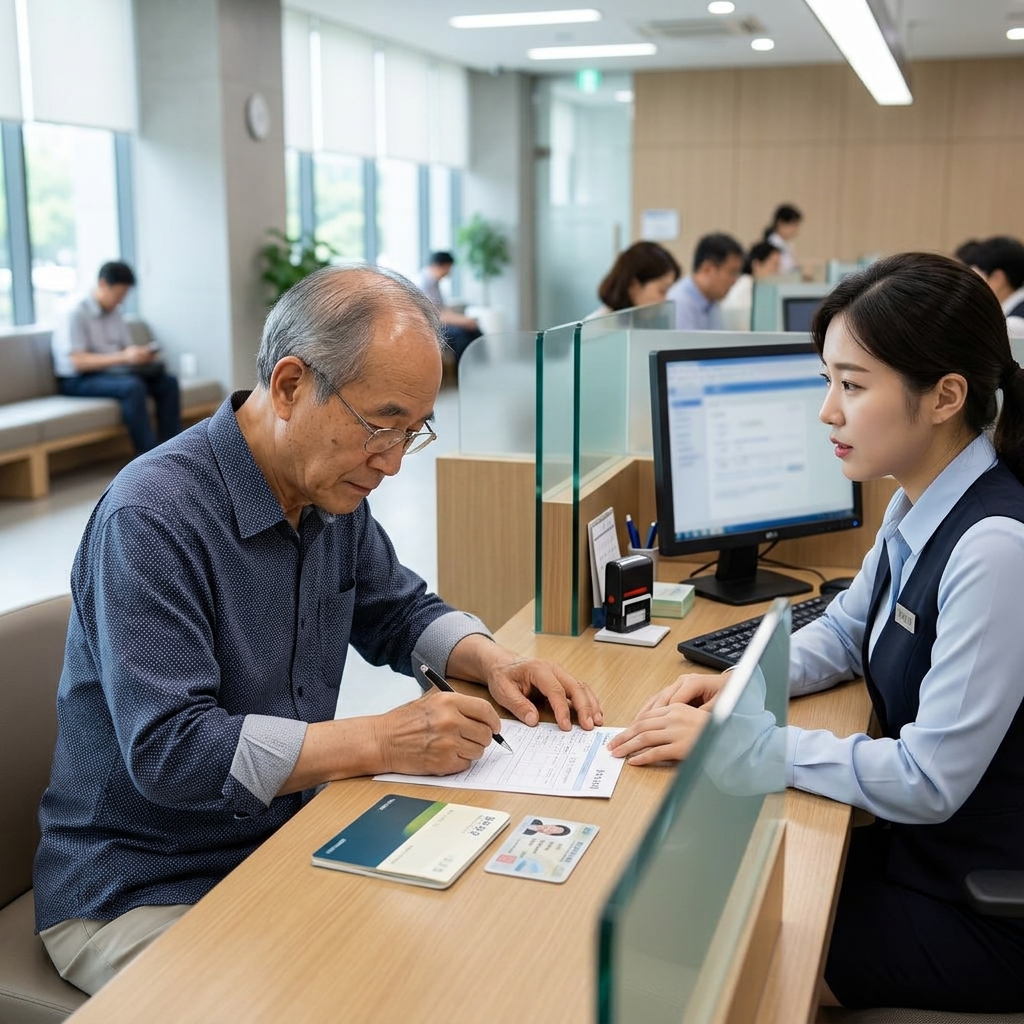 70대 어르신이 은행 창구에서 출금 신청서를 작성하는 모습, 창구 직원이 설명을 듣고 있고 테이블 위에 통장과 신분증이 놓여 있다