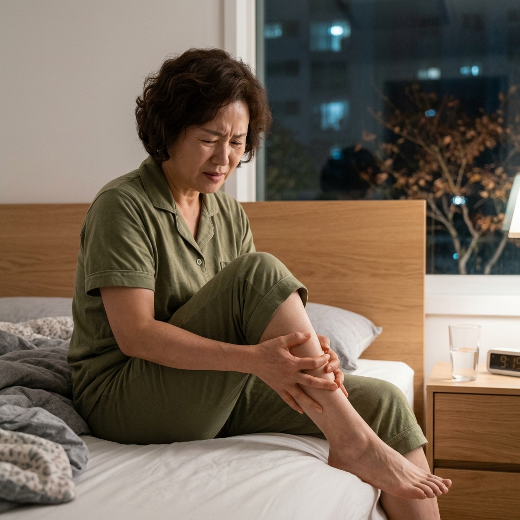 50대 여성이 침대에 앉아 오른쪽 종아리를 두 손으로 감싸고 표정을 찡그린 채 통증을 느끼는 모습, 창밖으로 어두운 가을밤 풍경이 보이고 침대 옆 탁자에는 물컵이 놓여 있다