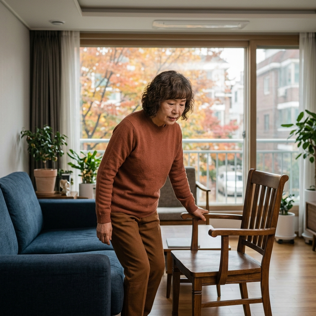 거실 소파 옆에서 의자를 짚고 천천히 무릎을 펴는 동작을 하는 70대 여성, 창밖으로 보이는 가을 나뭇잎
