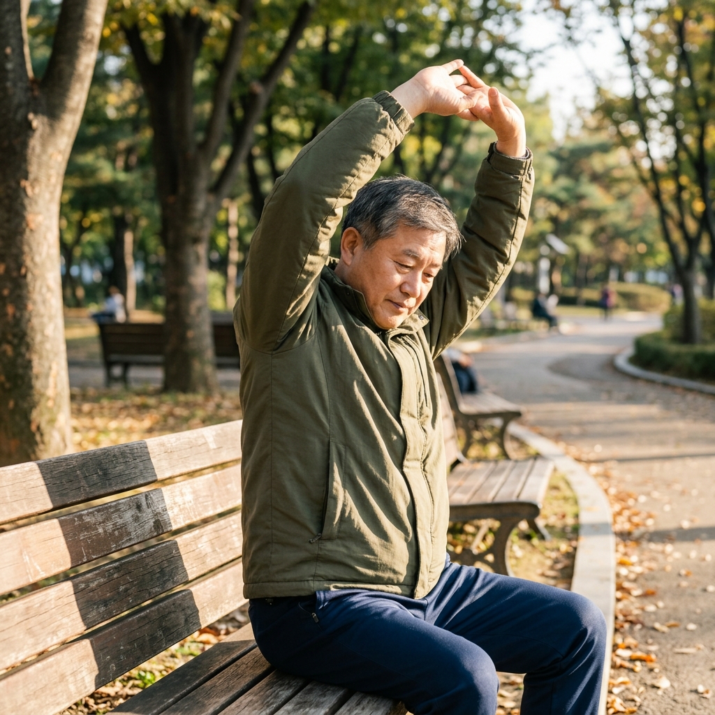 해가 오른 오전 시간대 공원 벤치에 앉아 준비운동을 하는 60대 남성, 두툼한 바람막이와 따뜻한 햇살이 느껴지는 장면