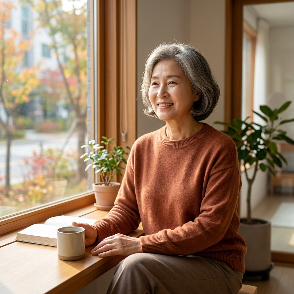 창가 쪽에서 부드러운 가을 햇살을 받으며 앉아 있는 70대 여성의 모습