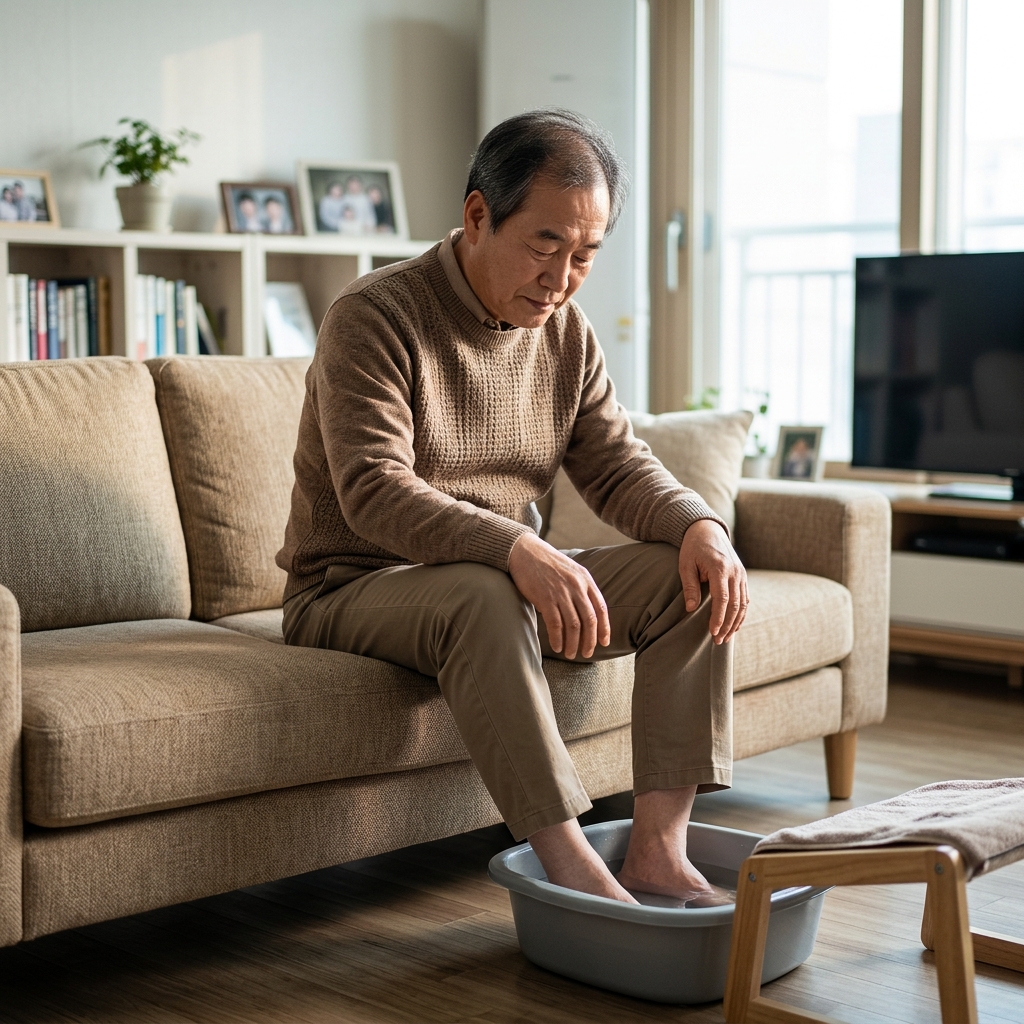 거실 소파에 앉아 따뜻한 물에 발을 담그고 있는 70대 남성의 모습