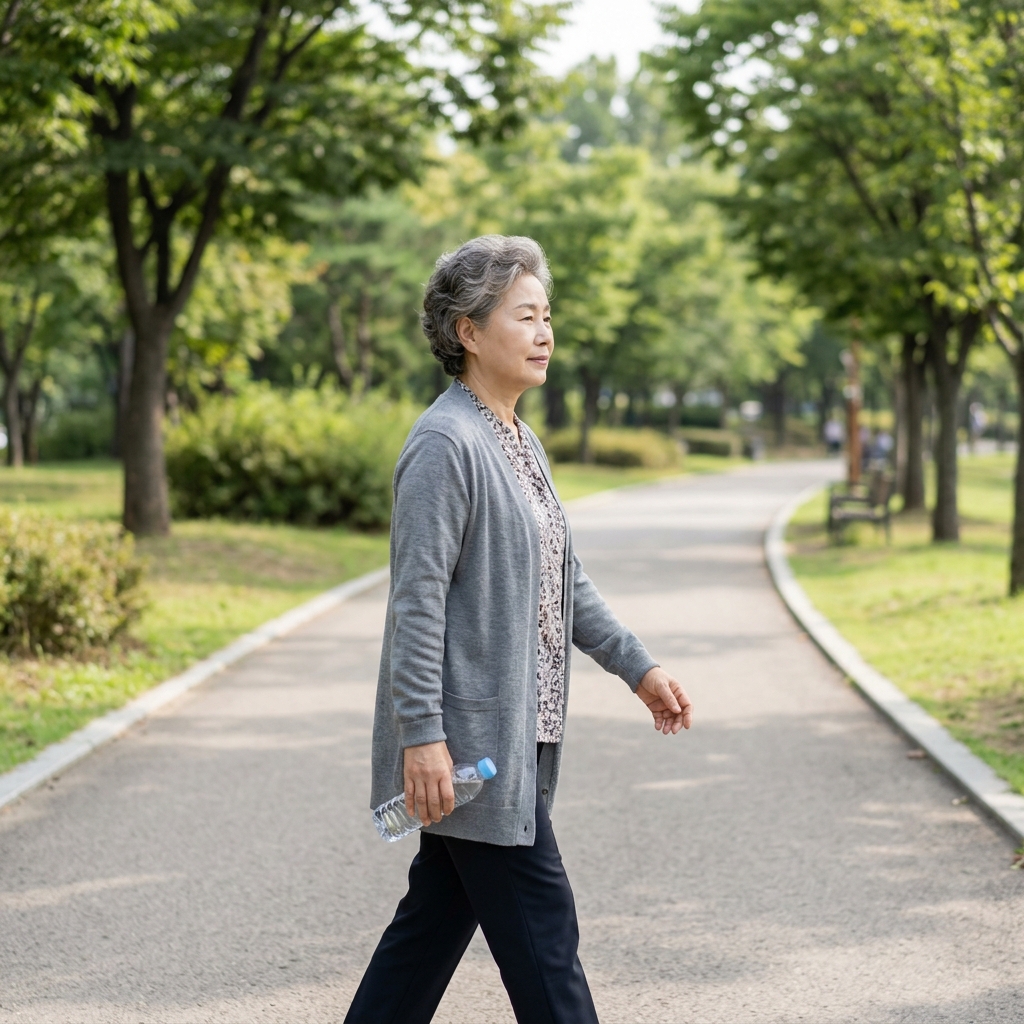 평탄한 공원 산책로를 긴팔 가디건 입고 천천히 걷는 60대 후반 여성의 측면, 한 손에는 물병을 들고 다른 손은 자연스럽게 흔들며 걷는 모습