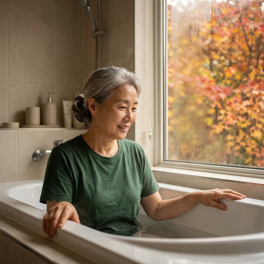 60대 중반 여성이 집 욕조에 배꼽 높이까지만 물을 받아 앉아 있고, 상체는 물 밖에 두며 손은 욕조 가장자리에 가볍게 올린 모습. 욕실 창밖으로 가을 단풍이 보이고 실내는 따뜻한 조명이 은은하게 비춘다.