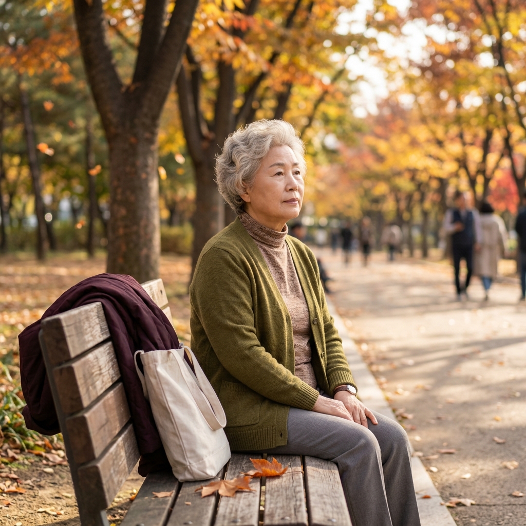70대 여성이 가을 햇살 아래 공원 벤치에 앉아 창밖을 바라보며 생각에 잠긴 모습, 옆에는 가벼운 외투가 걸쳐져 있고 나뭇잎이 떨어지는 배경