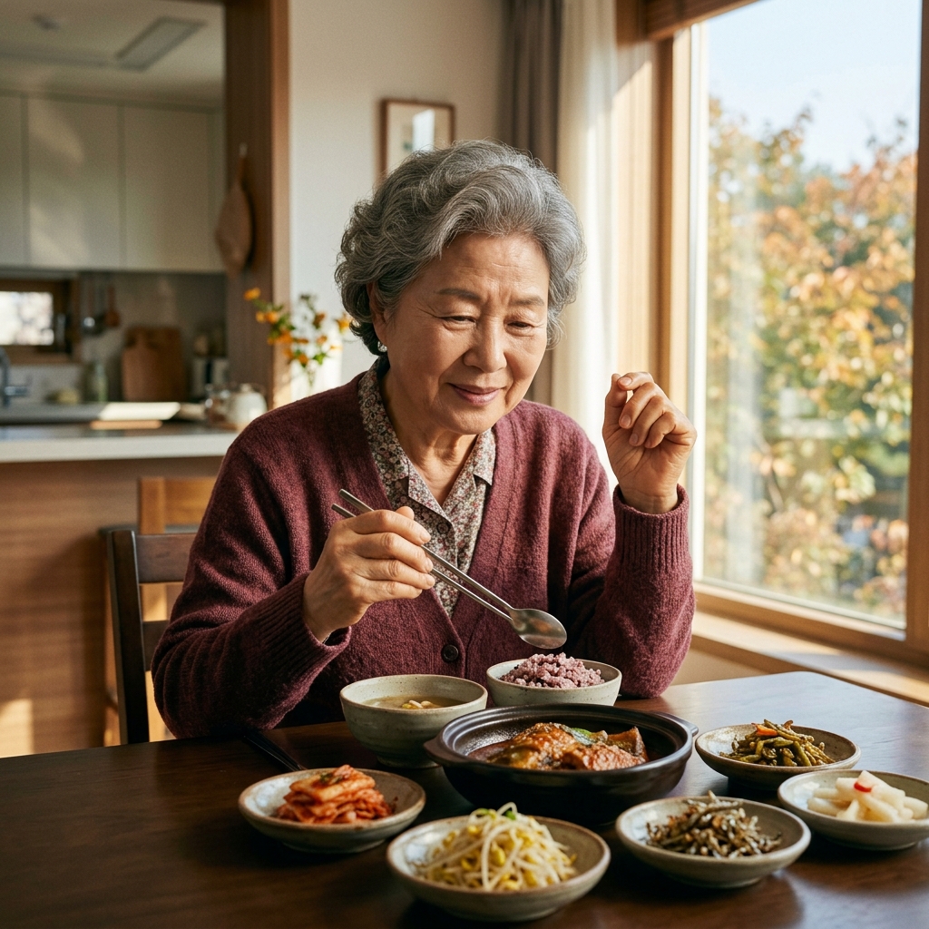 70대 여성이 식탁 앞에 앉아 차려진 식사를 보며 젓가락을 들었다 놓는 모습, 창밖으로 가을 햇살이 들어오고 있음