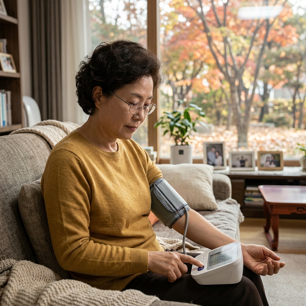 50대 후반 여성이 거실 소파에 앉아 왼팔에 커프형 혈압계를 감고 측정 버튼을 누르는 모습, 창밖으로 낙엽이 보이는 가을 오후