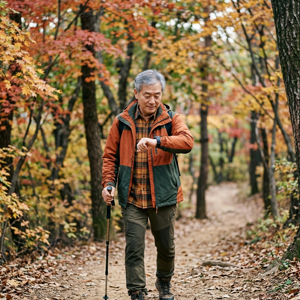 가을 산길을 걷는 60대 후반 남성이 손목의 스마트워치 화면을 확인하는 모습, 긴팔 트레킹복 착용, 배경에 단풍나무