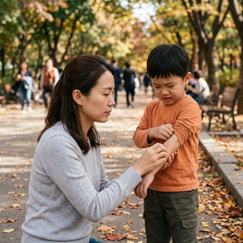가을 공원에서 긴팔 옷을 입은 5세 아이가 팔을 긁고 있는 모습, 옆에서 보호자가 아이 팔을 살피고 있는 장면