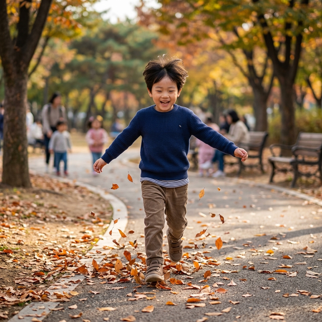가을 공원에서 긴팔 옷을 입은 아이가 낙엽 사이를 뛰어다니는 모습