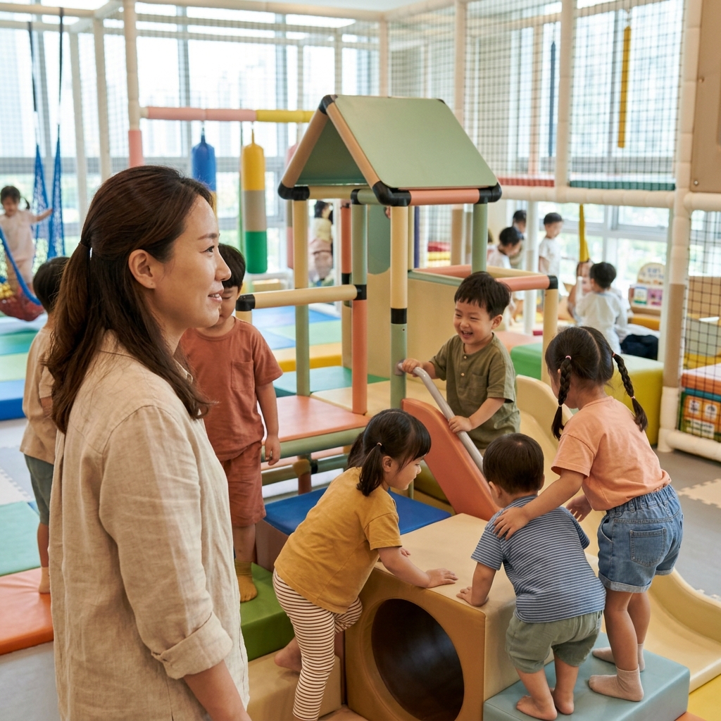 실내 놀이터에서 여러 아이가 놀이 기구 주변에 모여 있는 모습
