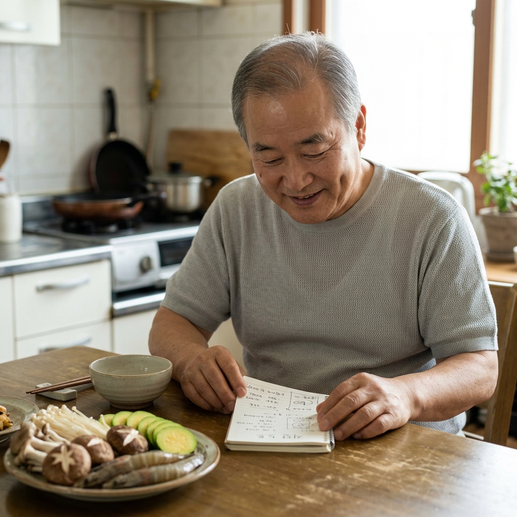 70대 어르신이 주방 식탁 앞에 앉아 버섯과 호박, 대하가 담긴 접시를 앞에 두고 식단 메모지를 펼쳐 보고 있는 모습