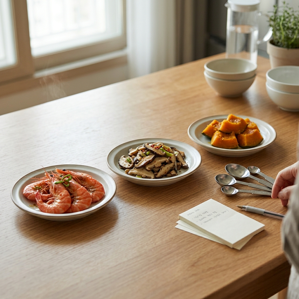식탁 위에 대하찜, 표고버섯볶음, 늙은호박찜이 담긴 접시가 나란히 놓여 있고, 옆에 계량스푼과 메모지가 보이는 장면