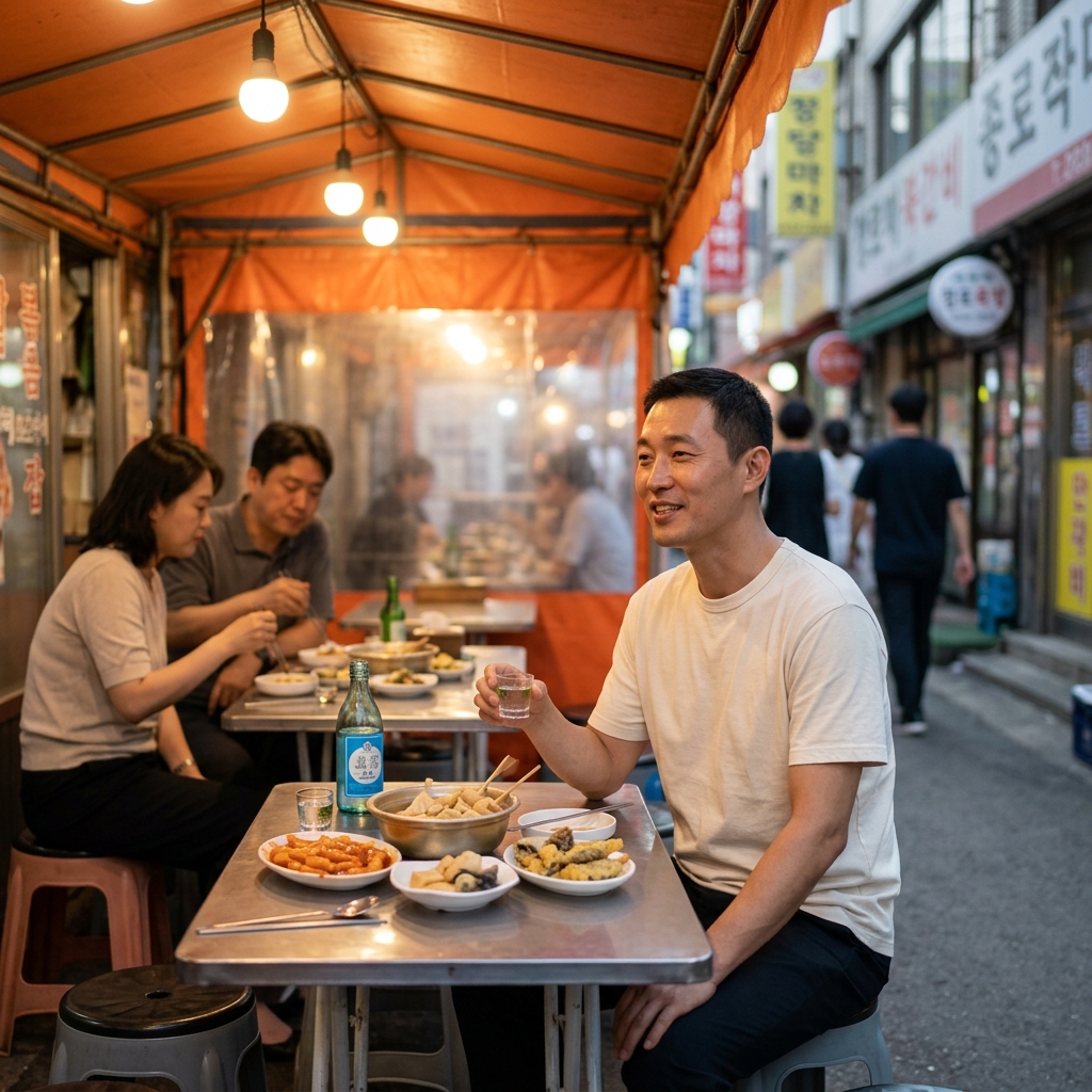 저녁 무렵 종로3가 골목 포장마차에 사람들이 앉아 있는 모습