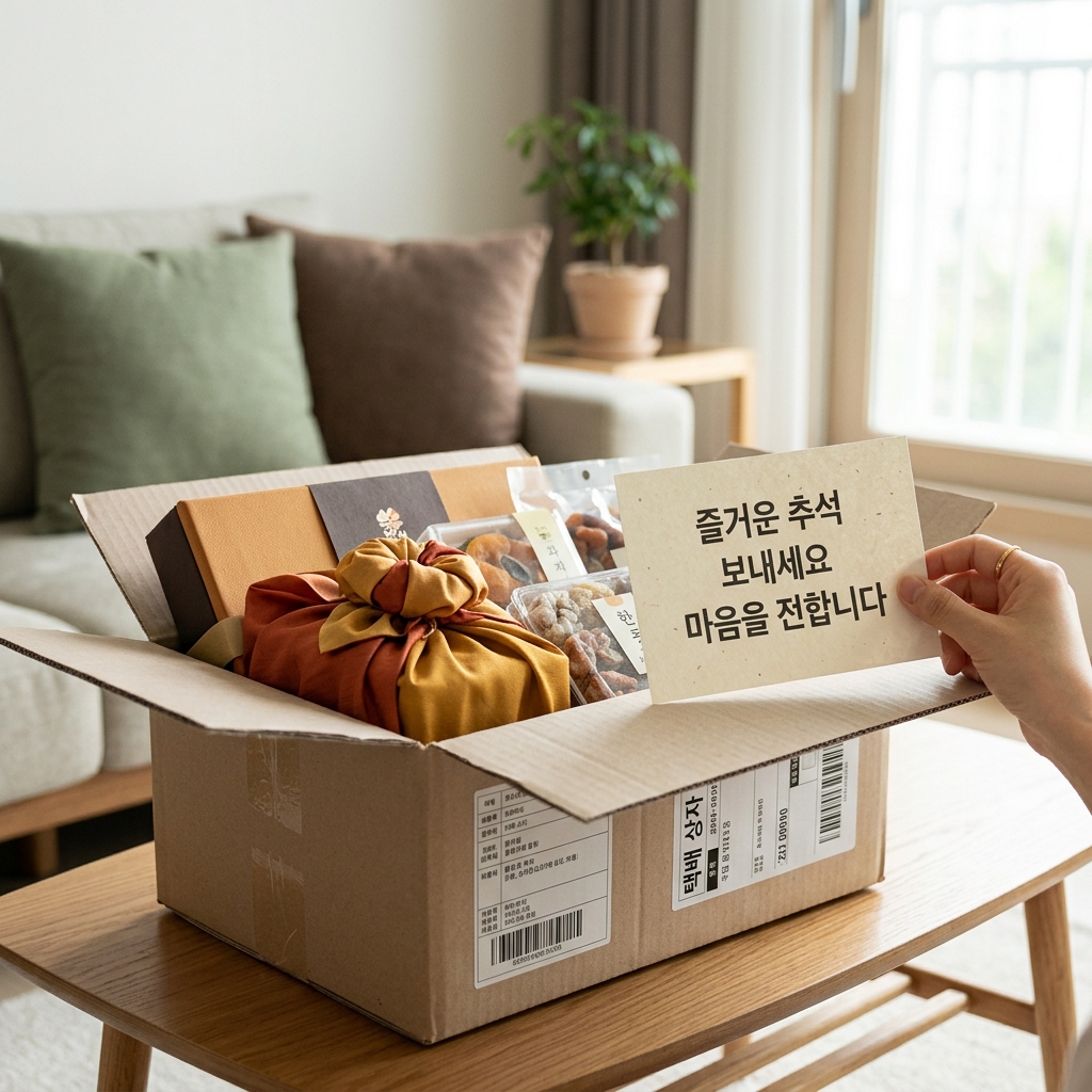택배 상자에 담긴 추석 선물세트와 명절 인사 카드