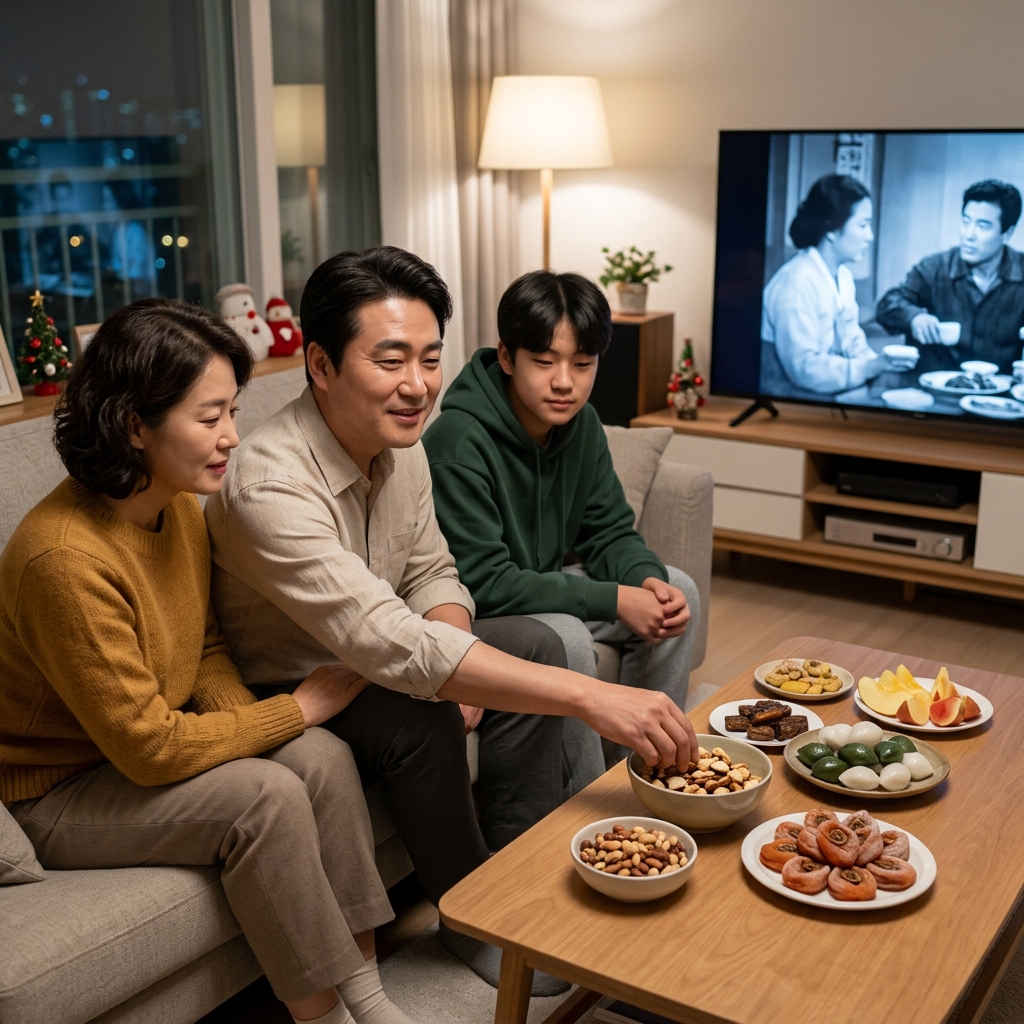 거실 소파에서 가족이 TV 영화를 보며 간식을 나눠 먹는 명절 저녁 풍경