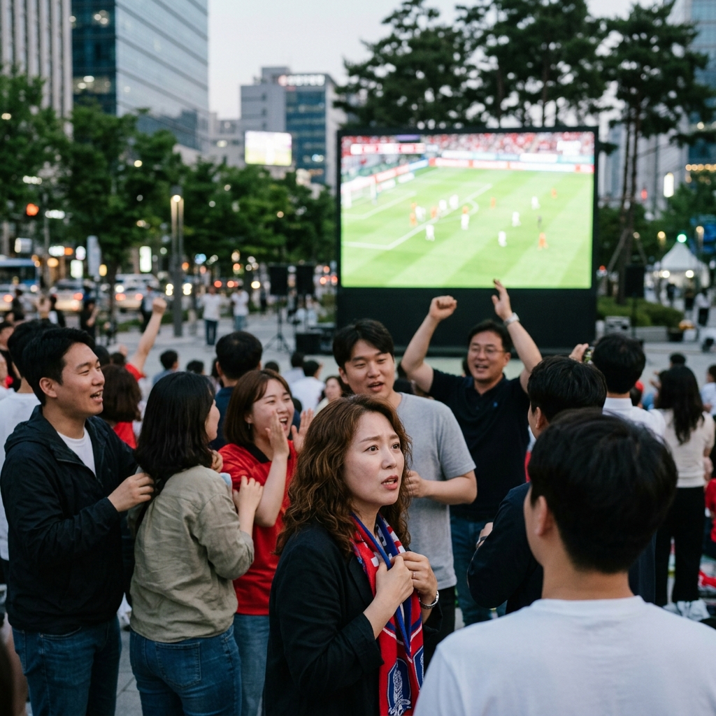 대형 스크린 앞에 모인 시민들이 함께 축구 경기를 보며 응원하는 장면