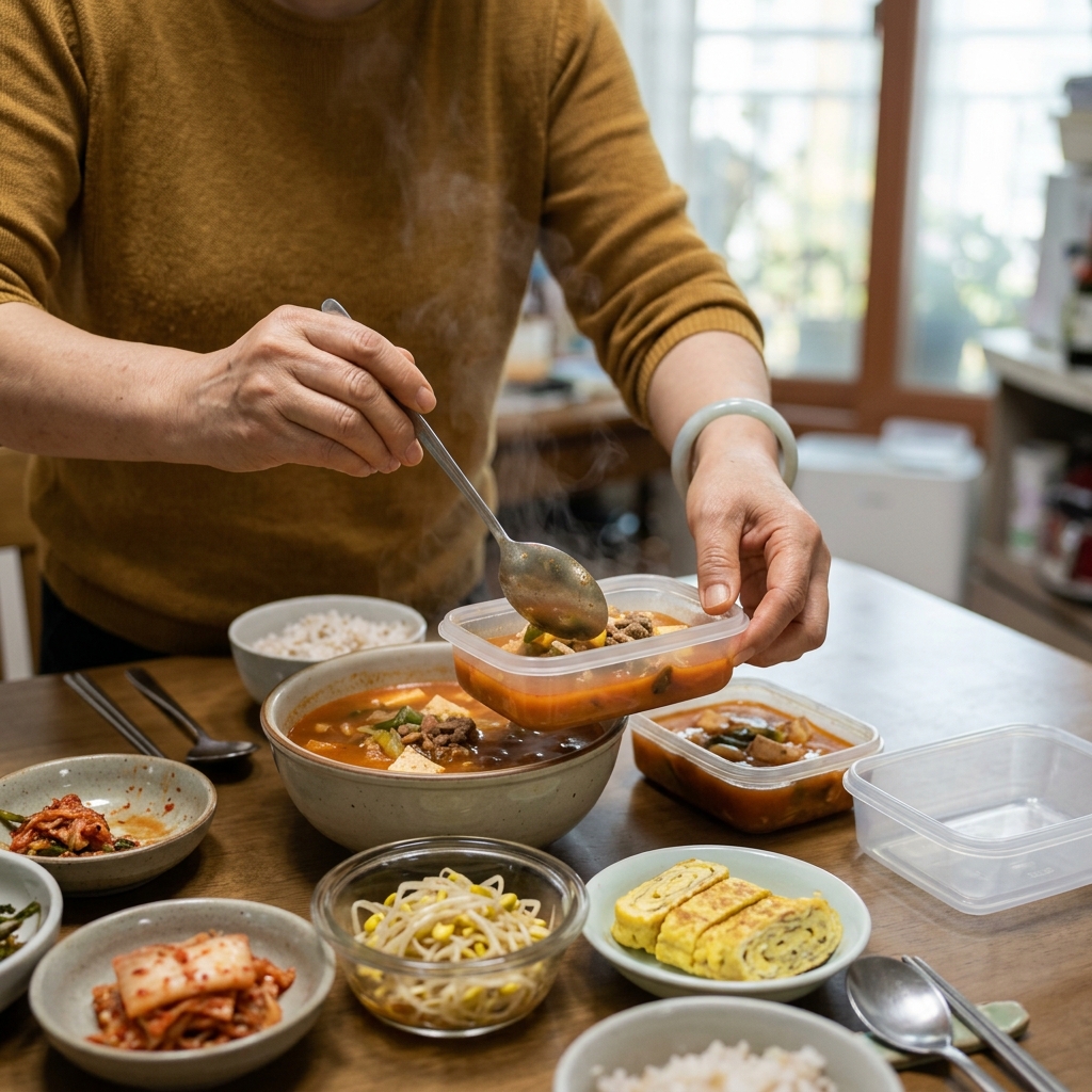 배달 음식을 얕은 밀폐 용기에 소분해 담고 있는 중장년 여성의 손, 식탁 위 김이 살짝 오르는 국물 요리와 반찬들