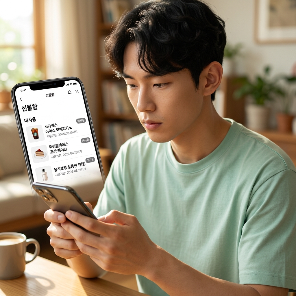 카카오톡 선물함 화면을 열어 미사용 기프티콘 목록을 확인하는 모습