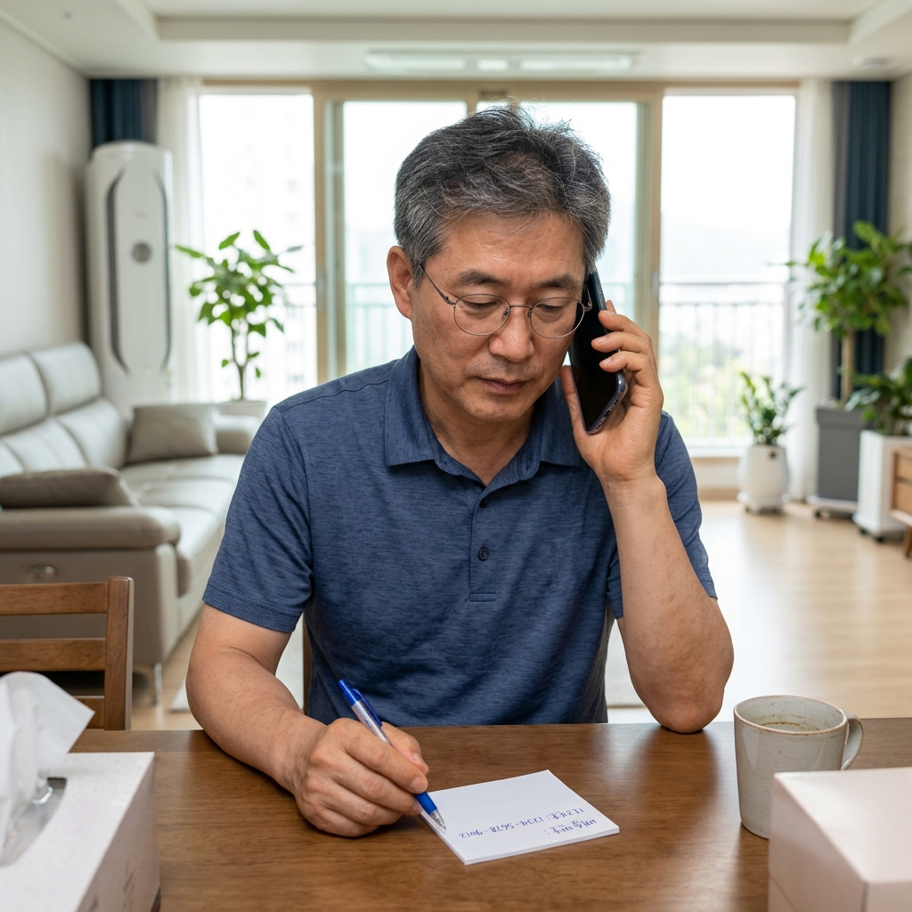 스마트폰으로 택배사 고객센터 앱 화면을 보며 통화하는 중년 남성, 테이블 위에 송장 번호 메모지가 놓여 있음, 실내 거실 배경