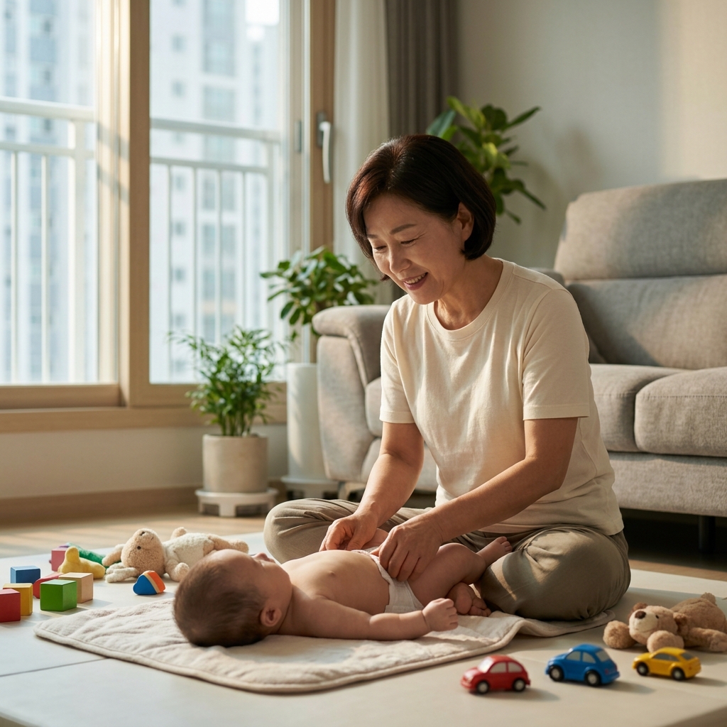 70대 할머니가 거실 바닥에 앉아 손주의 기저귀를 갈고 있고, 옆에는 장난감이 흩어져 있으며 창밖으로 오후 햇살이 들어오는 장면