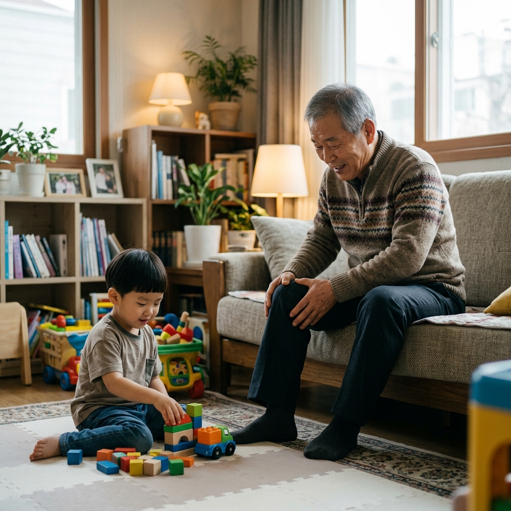 70대 할아버지가 소파에 앉아 무릎을 주무르고 있고, 손주는 바닥에서 장난감을 가지고 놀고 있으며 오후 실내 조명이 켜진 거실 장면