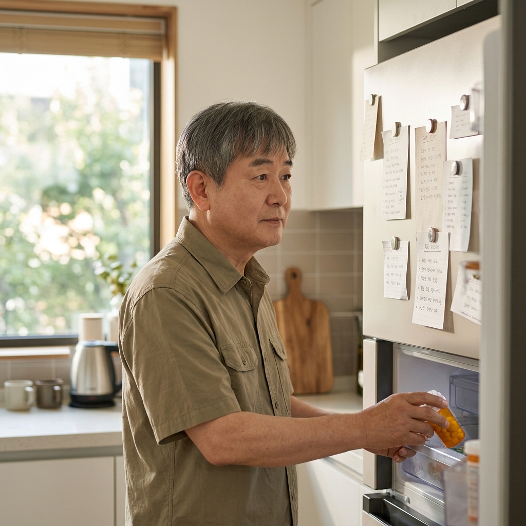 70대 남성이 주방 냉장고 문에 붙은 메모지를 보며 약통을 꺼내는 모습, 창밖으로 햇살이 들어온다