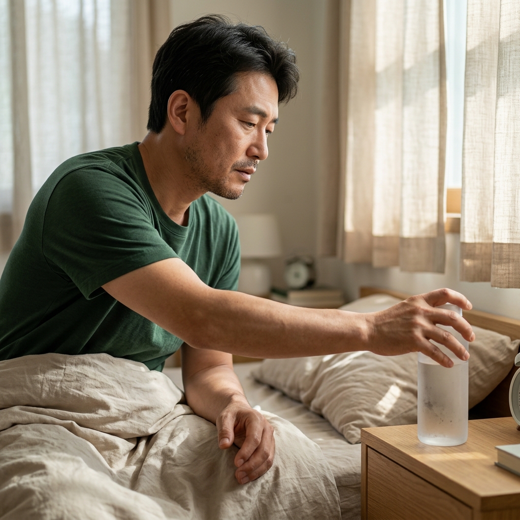 침대에서 막 일어나 침대 옆 탁자 위 물병을 집어 드는 40대 남성의 손, 얼굴은 피곤해 보이고 아침 햇살이 커튼 사이로 들어오는 장면