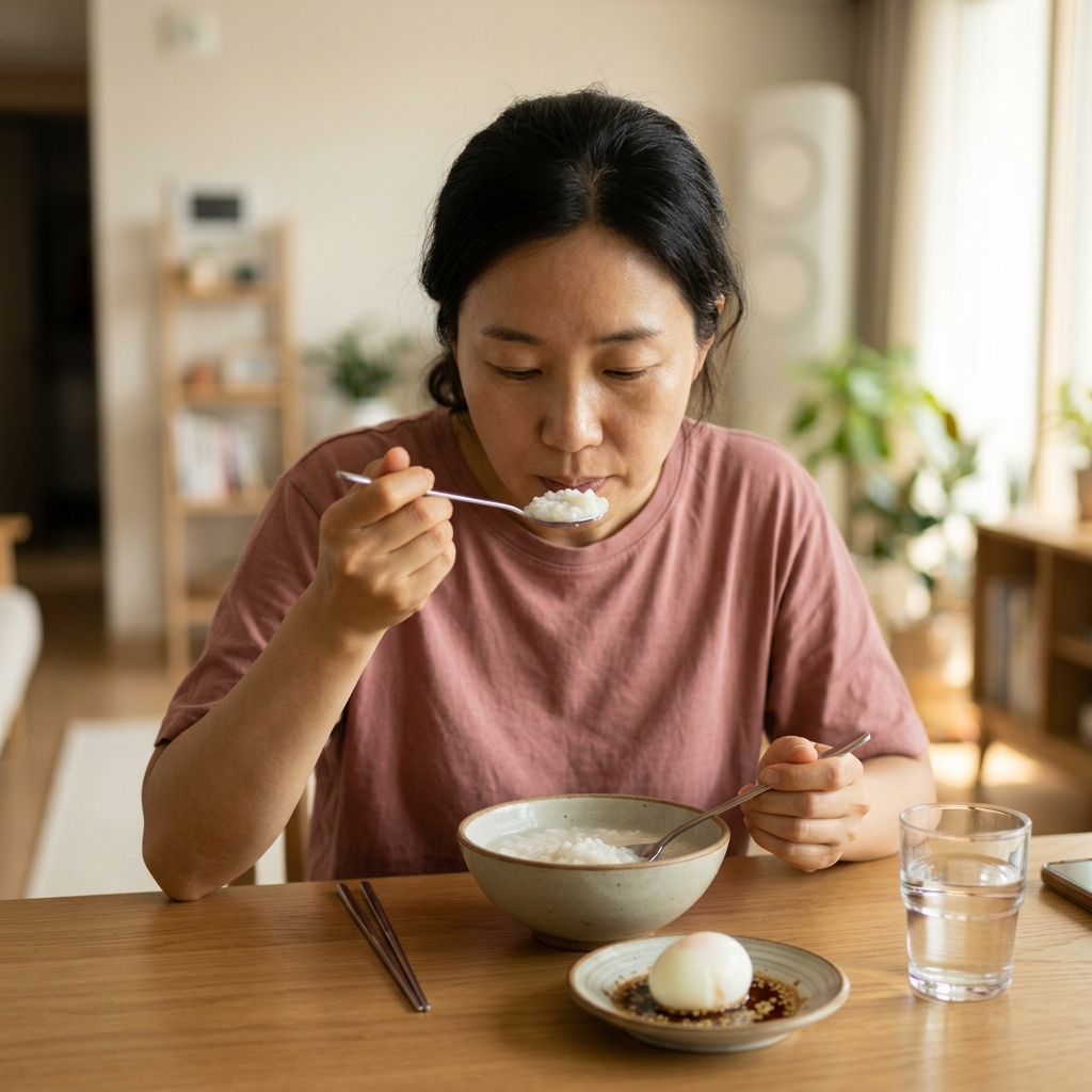 식탁 위에 흰 죽 한 그릇과 반숙 계란 한 접시, 물 한 잔이 놓여 있고 40대 여성이 숟가락으로 죽을 떠먹는 장면