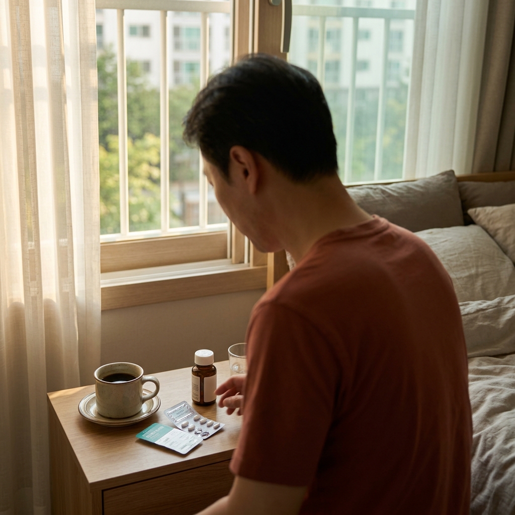 아침에 침대 옆 테이블에 놓인 커피 잔과 두통약, 창밖으로 햇빛이 들어오는 방 안 풍경