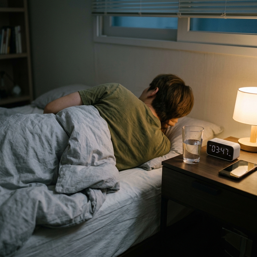새벽 시각의 침실, 물 한 잔과 알람시계가 놓인 침대 옆 탁자, 짧은 수면 시간을 암시하는 장면