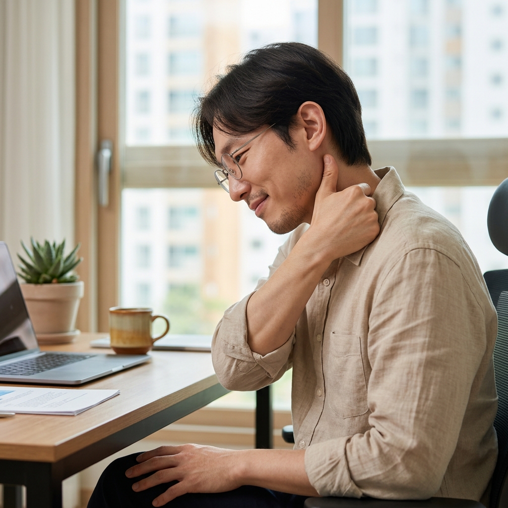 목 뒤 풍지혈을 엄지로 누르고 있는 50대 중년 여성의 옆모습, 실내 책상 앞