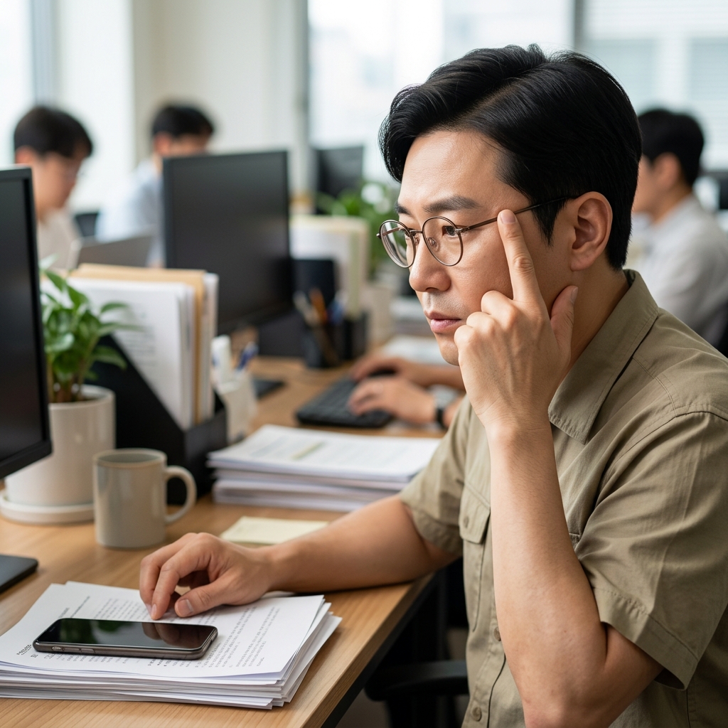 관자놀이 태양혈을 검지로 지그시 누르고 있는 40대 남성의 정면, 사무실 책상 배경