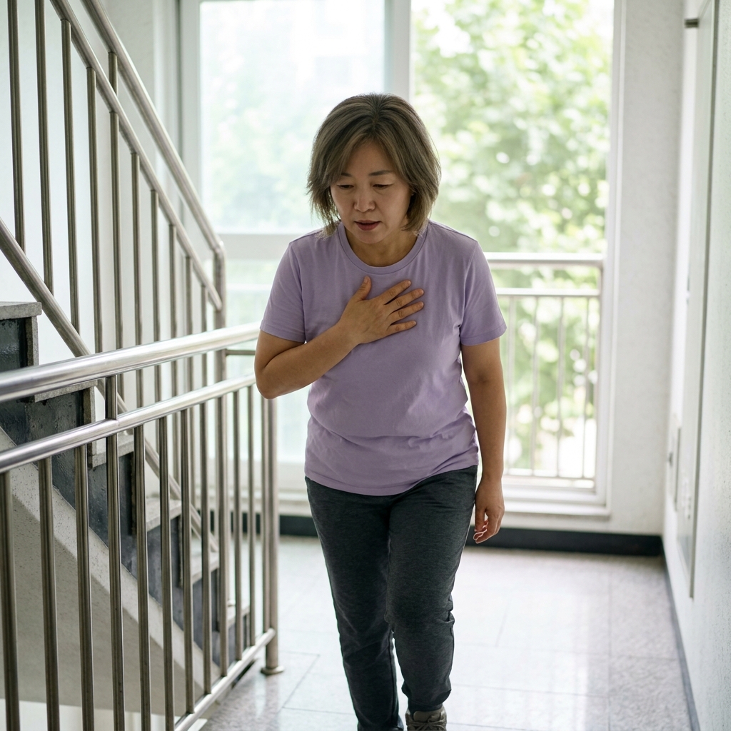 계단을 오르다 가슴에 손을 얹고 숨을 고르는 70대 어르신의 모습, 배경에 아파트 계단 난간과 자연광