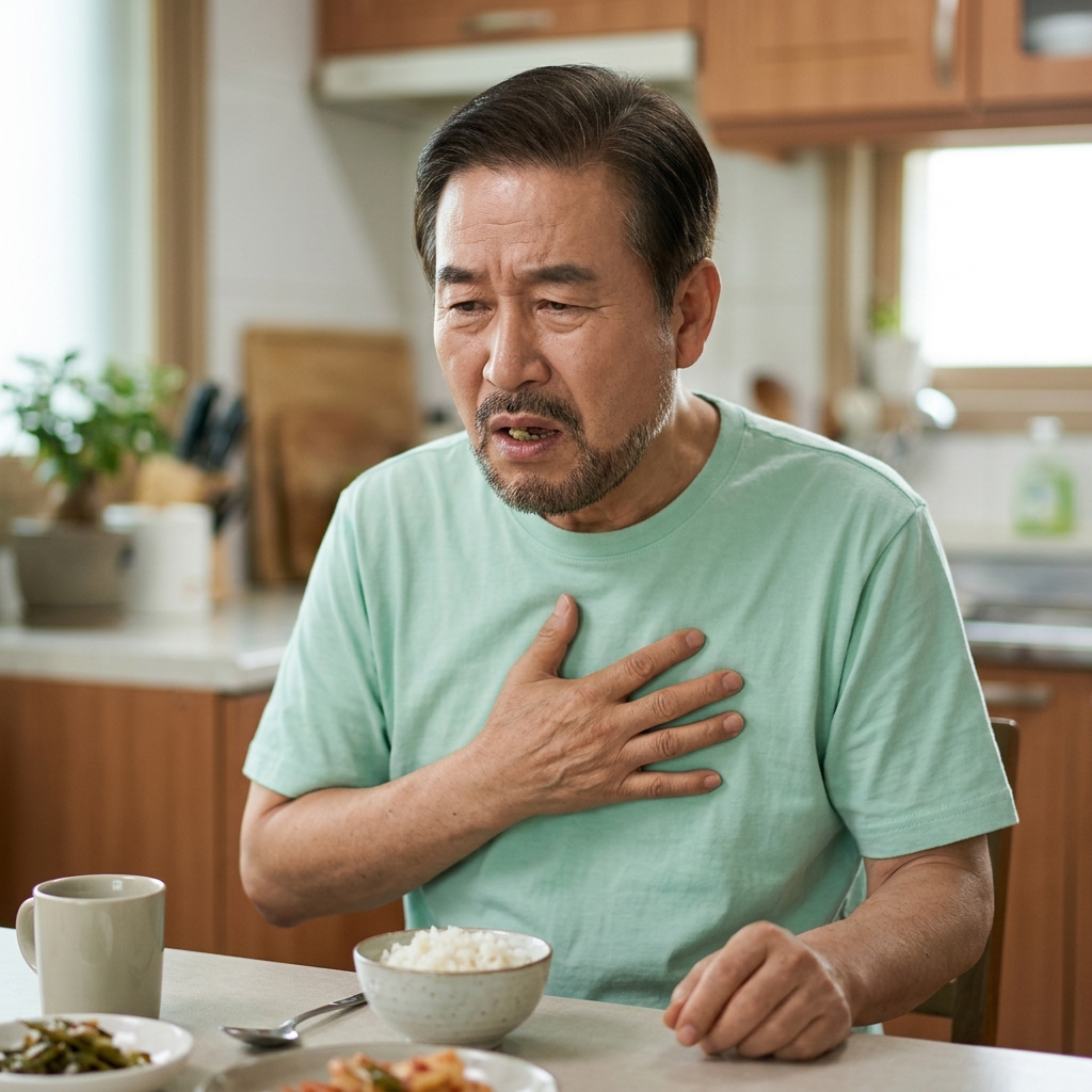 50대 중년 남성이 식탁에 앉아 음식을 삼키려다 가슴 부위를 손으로 감싸 쥐며 불편한 표정을 짓는 장면, 얇은 반팔 셔츠 착용