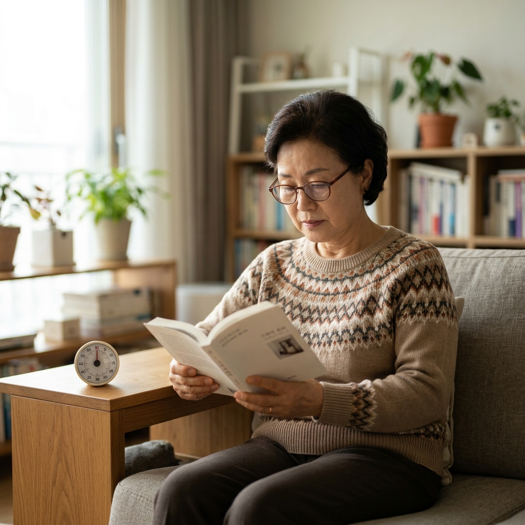 거실 소파에 앉아 아날로그 다이얼 타이머를 책상 위에 두고 돋보기를 낀 70대 여성이 책을 펼쳐 읽고 있는 장면