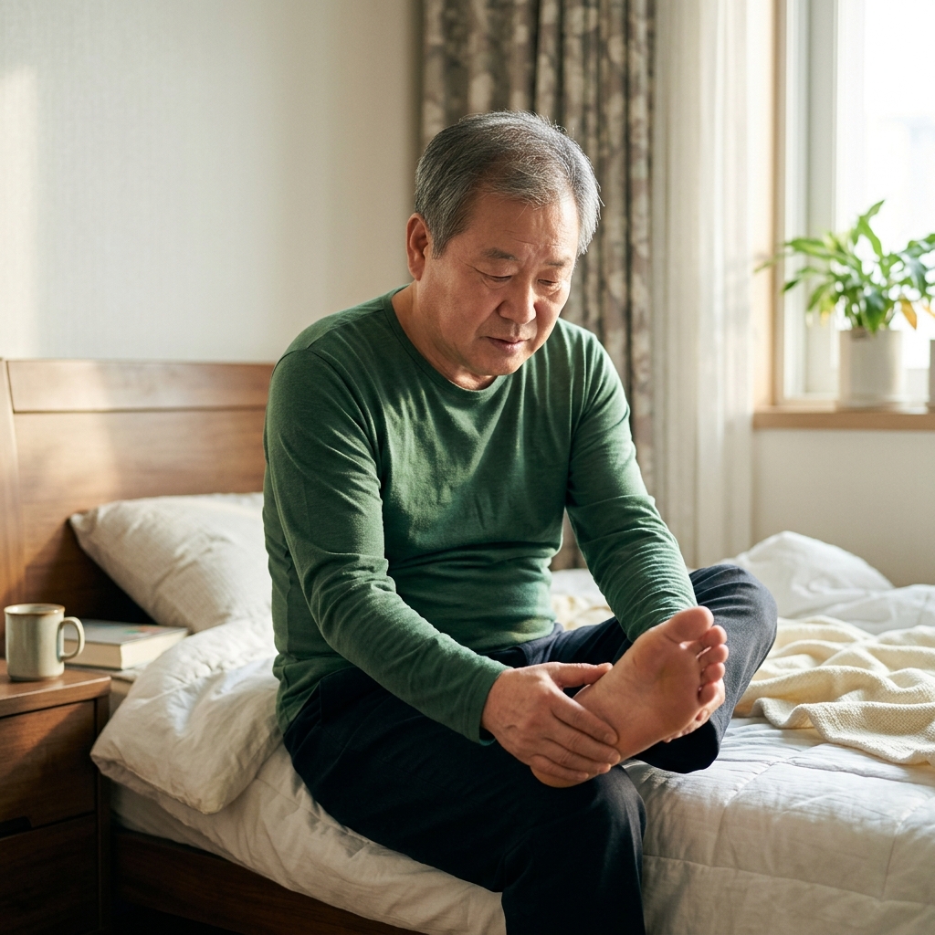침대 가장자리에 앉아 한쪽 발을 들어 발바닥을 살피는 70대 노인, 실내 아침 햇살이 들어오는 창가, 얇은 긴팔 셔츠 착용
