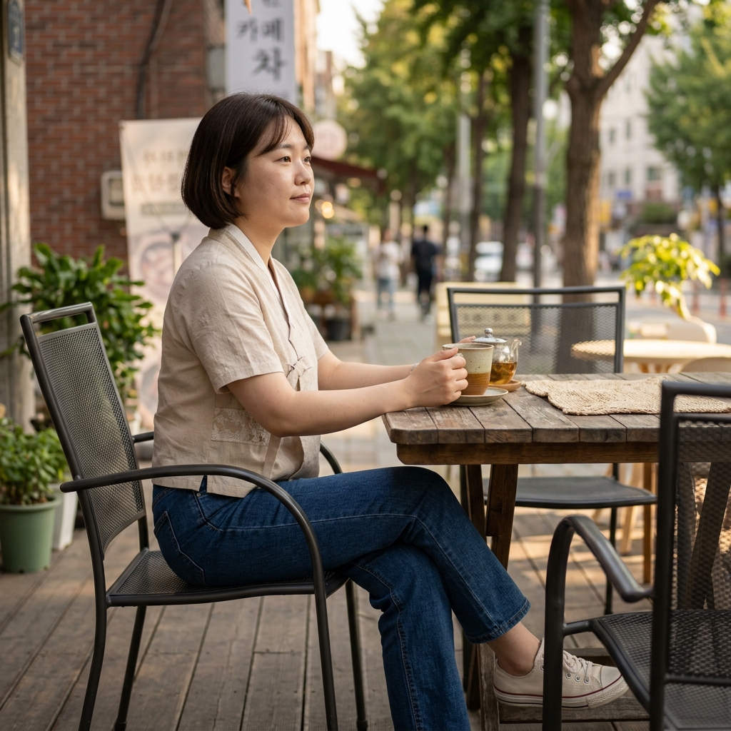 30대 여성이 연한 베이지색 생활한복 상의에 청바지를 입고 동네 카페 야외 테이블에서 차를 마시는 장면, 짧은 소매, 햇살 부드러운 오후