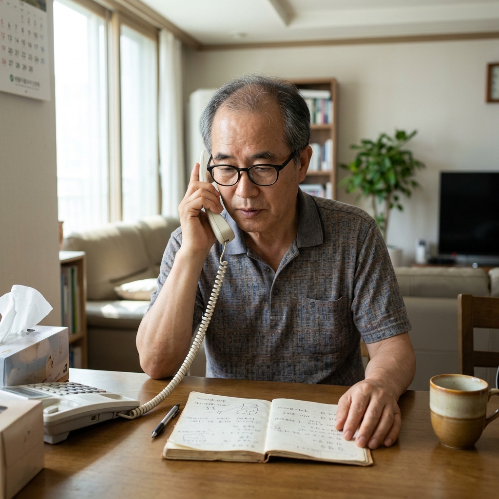 60대 후반 남성이 집 안 거실 전화기 앞에서 메모지를 펼쳐놓고 통화하는 모습, 반팔 셔츠 차림, 밝은 실내 조명