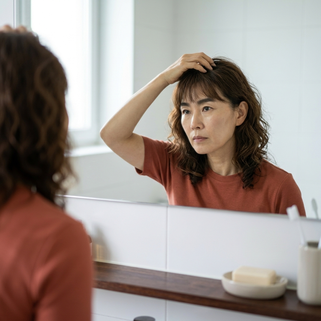 욕실 거울 앞에서 두피를 살피는 60대 중반 남성, 반팔 셔츠 차림