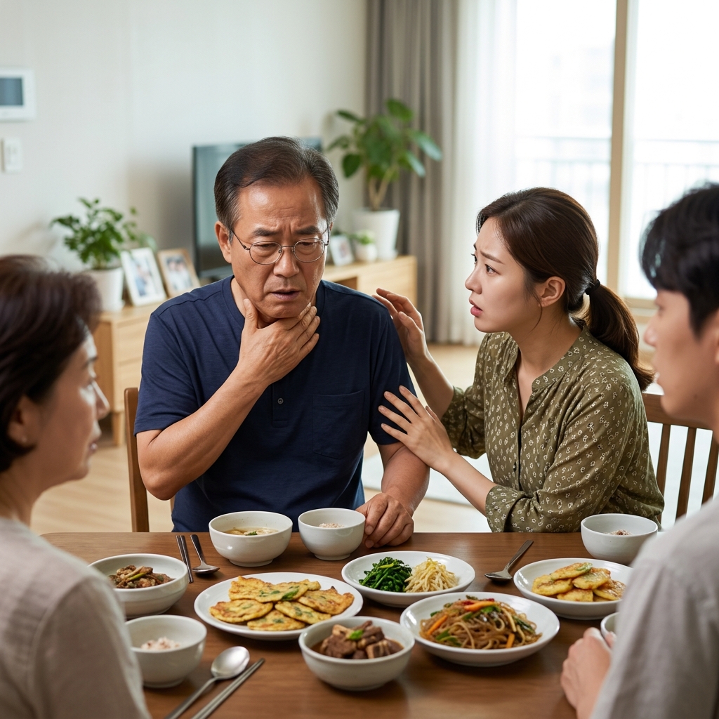70대 노인이 가족과 함께 명절 음식을 먹다가 목을 감싸며 불편해하고 있고, 옆에서 가족이 놀라 확인하는 실내 장면