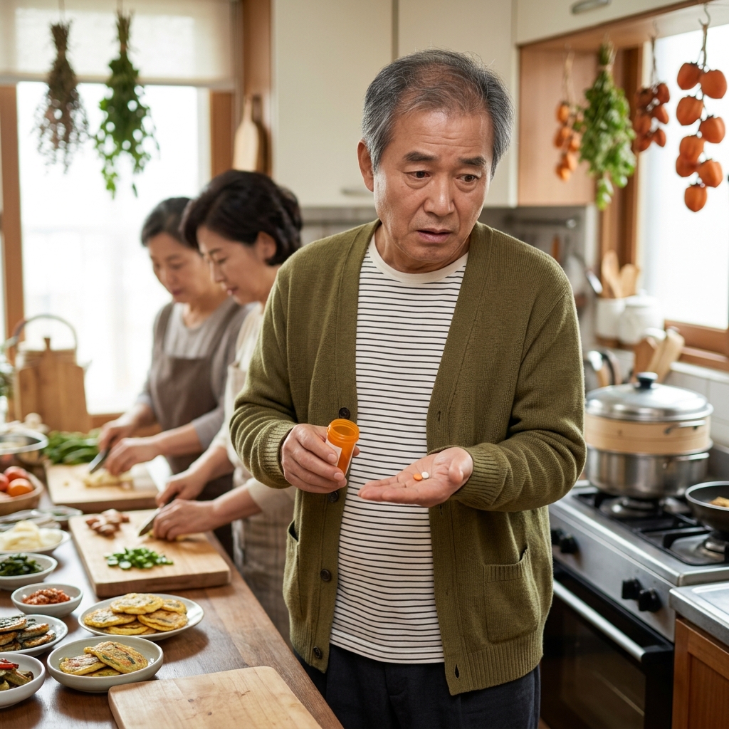70대 남성이 실내에서 손바닥 위 약통을 확인하며 당황한 표정을 짓고 있는 모습, 배경에 추석 음식 준비 중인 부엌이 보임