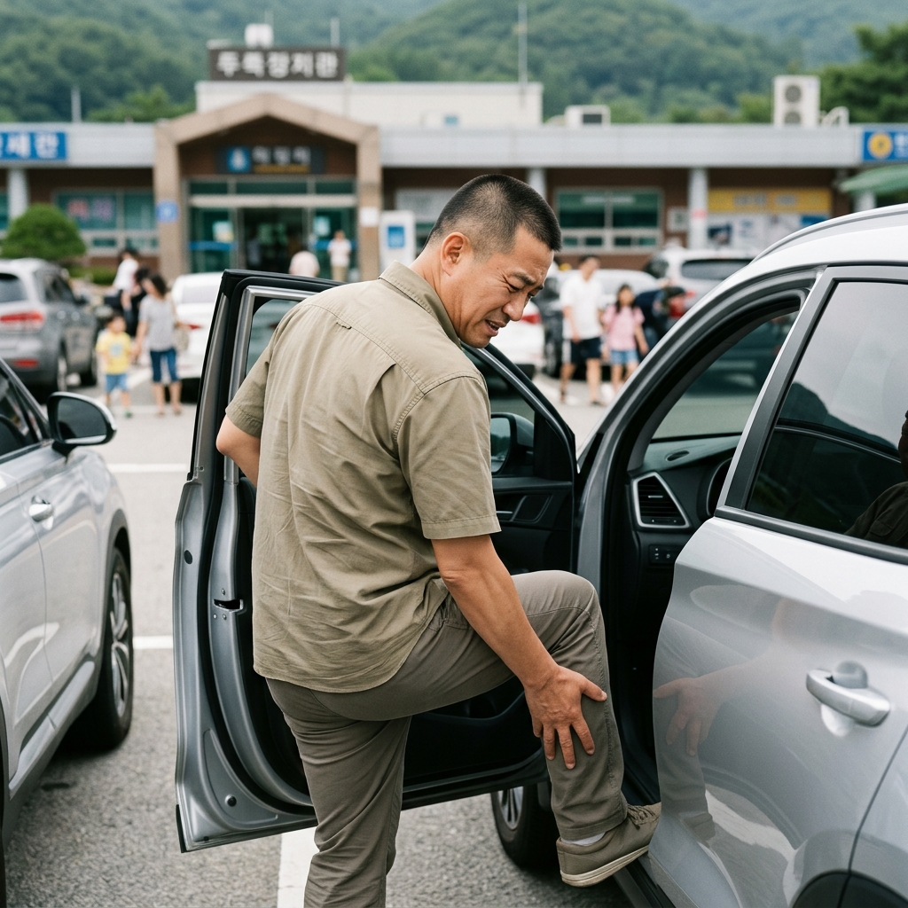 50대 중반 남성이 연휴 귀성길 휴게소에서 차에서 내려 종아리를 만지며 통증 표정을 짓는 장면, 얇은 반팔 셔츠 차림