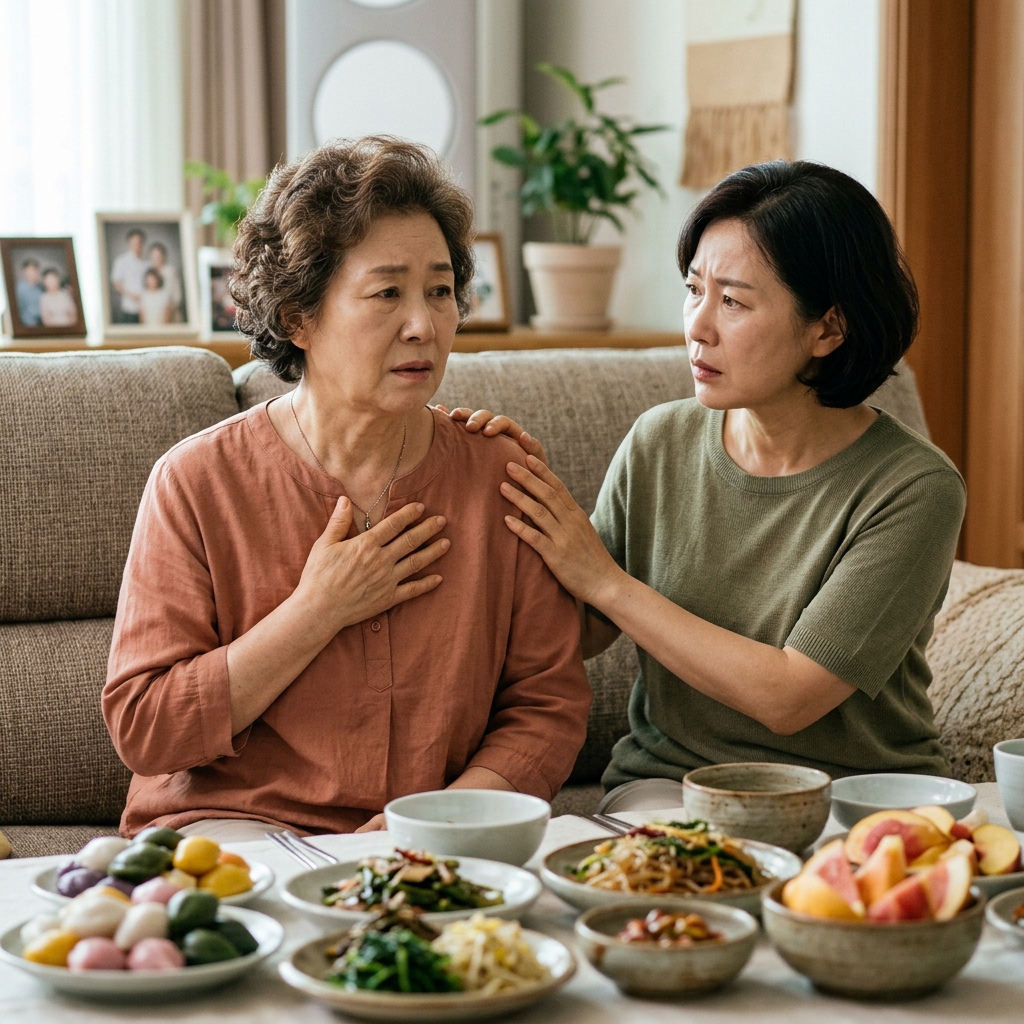 70대 여성이 명절 식탁 앞 소파에 앉아 손으로 가슴 중앙을 짚고 있고, 옆에서 중년 딸이 걱정스럽게 어머니 어깨에 손을 얹고 있는 모습